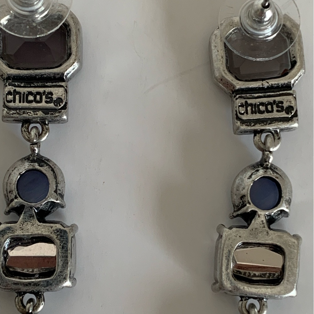 Chico's Earrings Dangle Silver Blue Jeweled Tones Clear Rhinestone - Picture 6 of 7